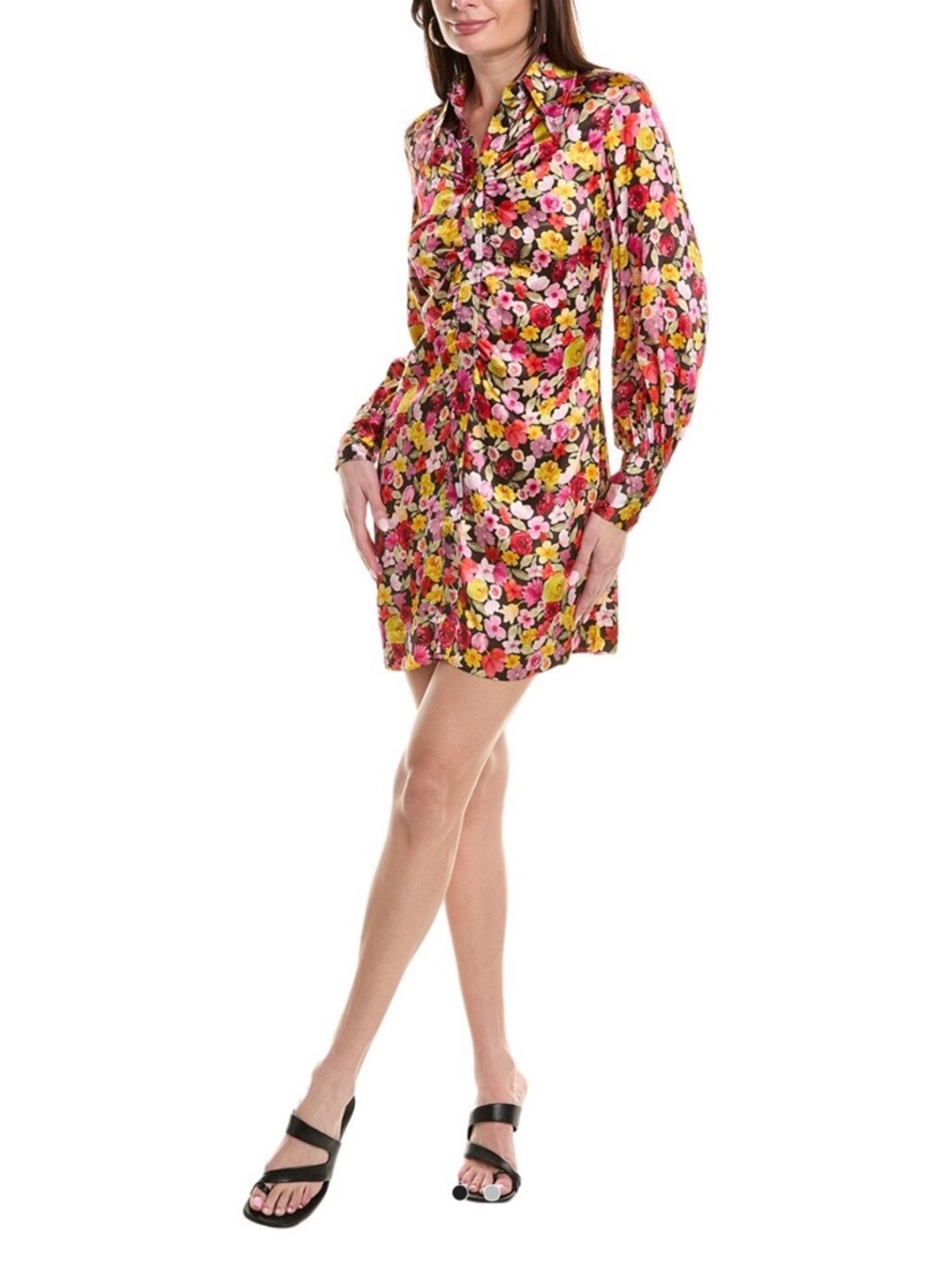 GANNI Ruched floral-print silk-blend satin mini shirt dress